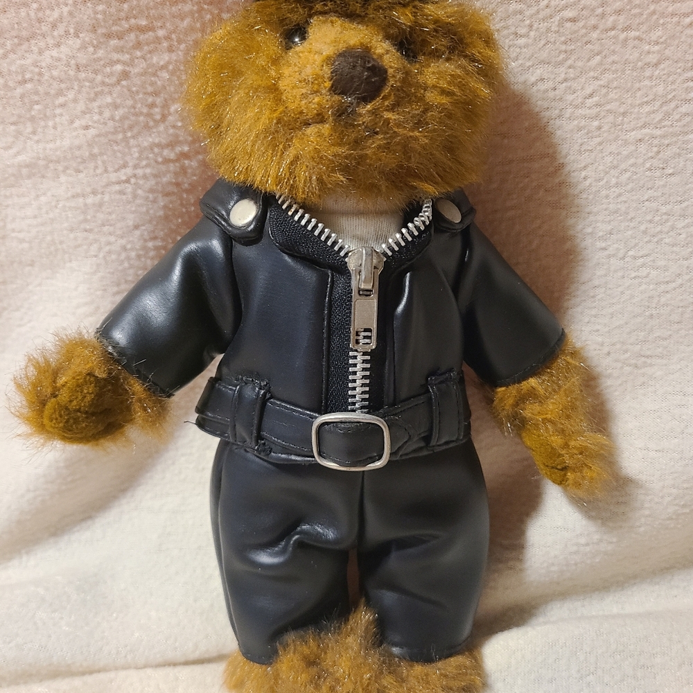 Plush Bear in Black Leather Outfit.vintage